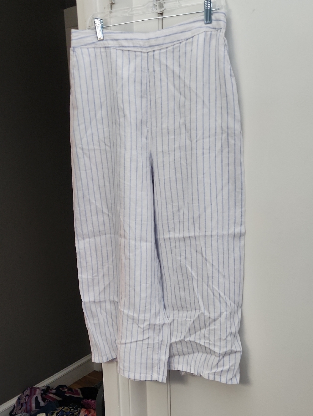 Light Blue Striped Pull On Linen Pants